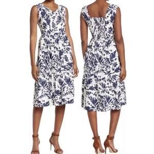 Magaschoni Linen Navy White Floral Midi Dress Sz 8 Garden Party Cottagecore 50s